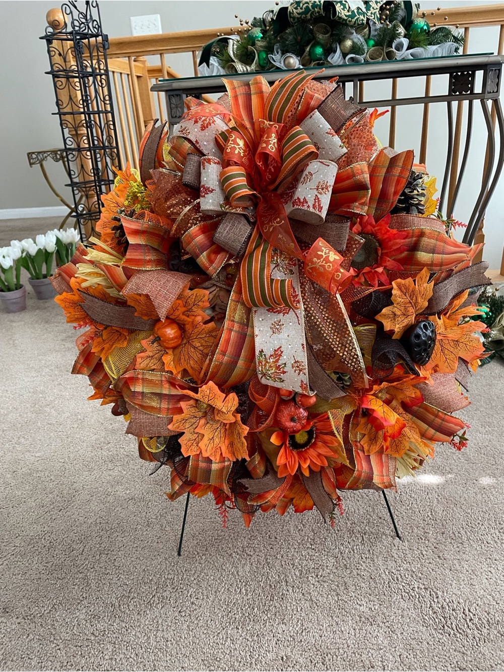 Autumn Harvest Decorative Wreath with Pumpkin Accents - Orange